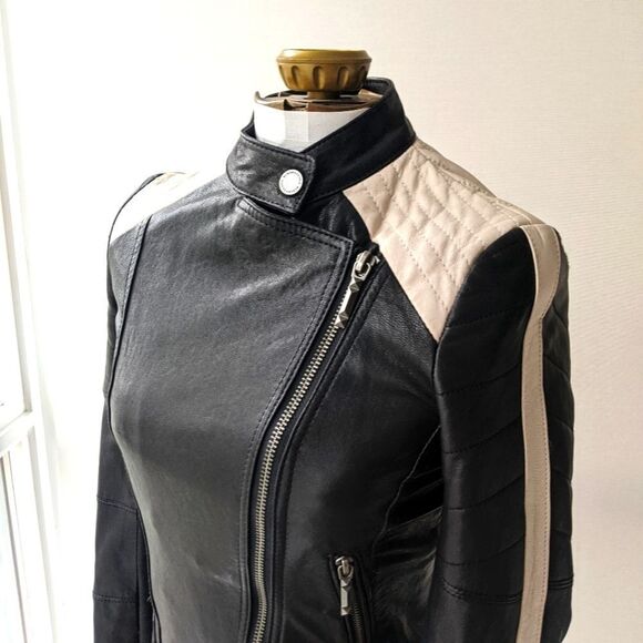 BCBG Max Azria Two-Tone Leather Biker/Moto Jacket - Black & Cream - Picture 1 of 8